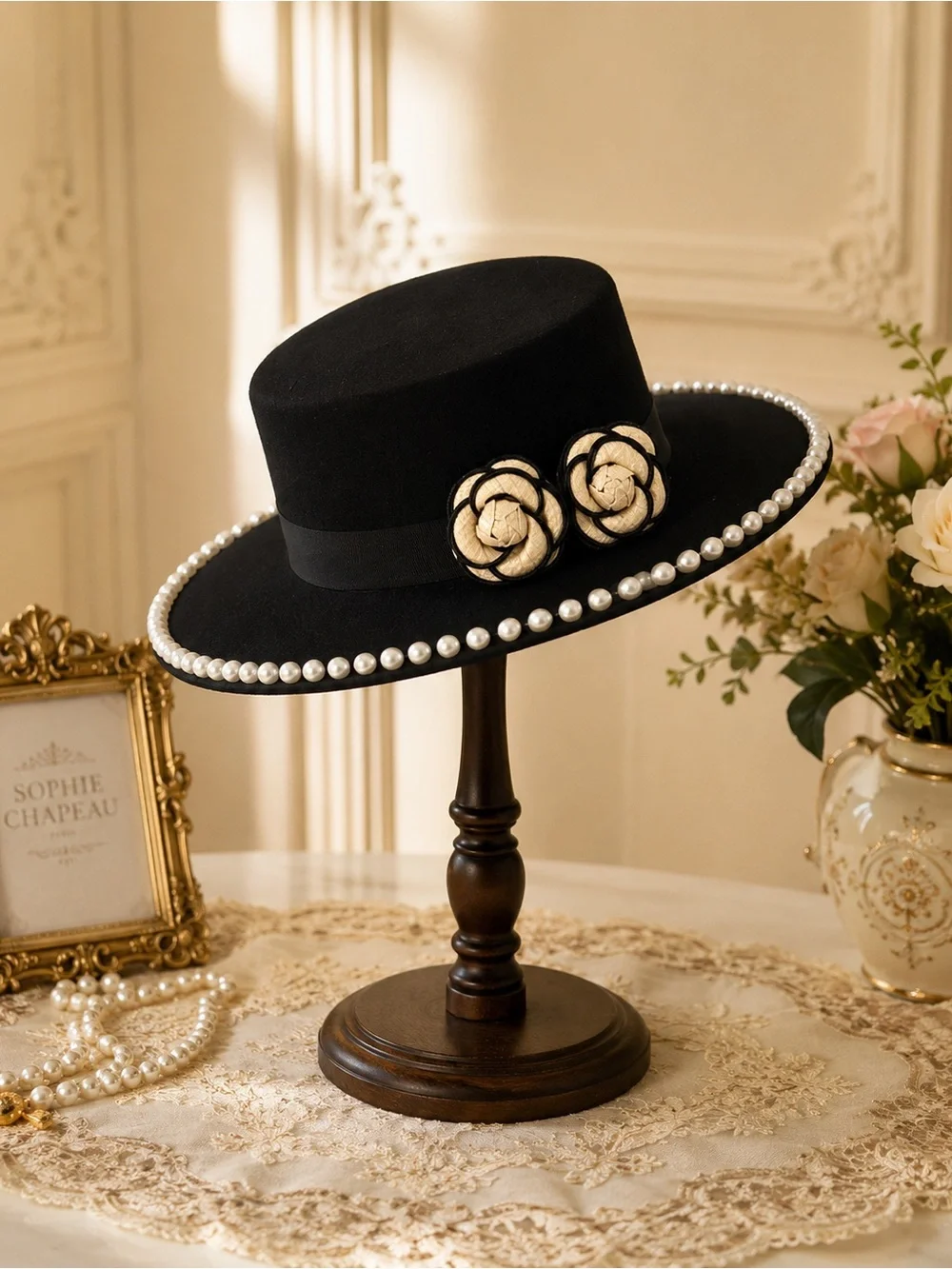 Black Wide Brim Hat with Faux Pearl Trim & Camellia Flowers | Hand-Decorated